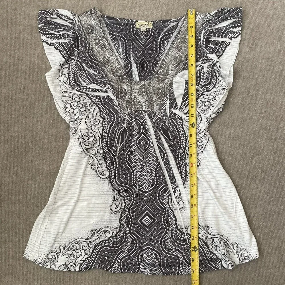 One World Shirt Womens Small Gray Black Silver Sequins Embroidered Boho Flowy - Picture 6 of 7
